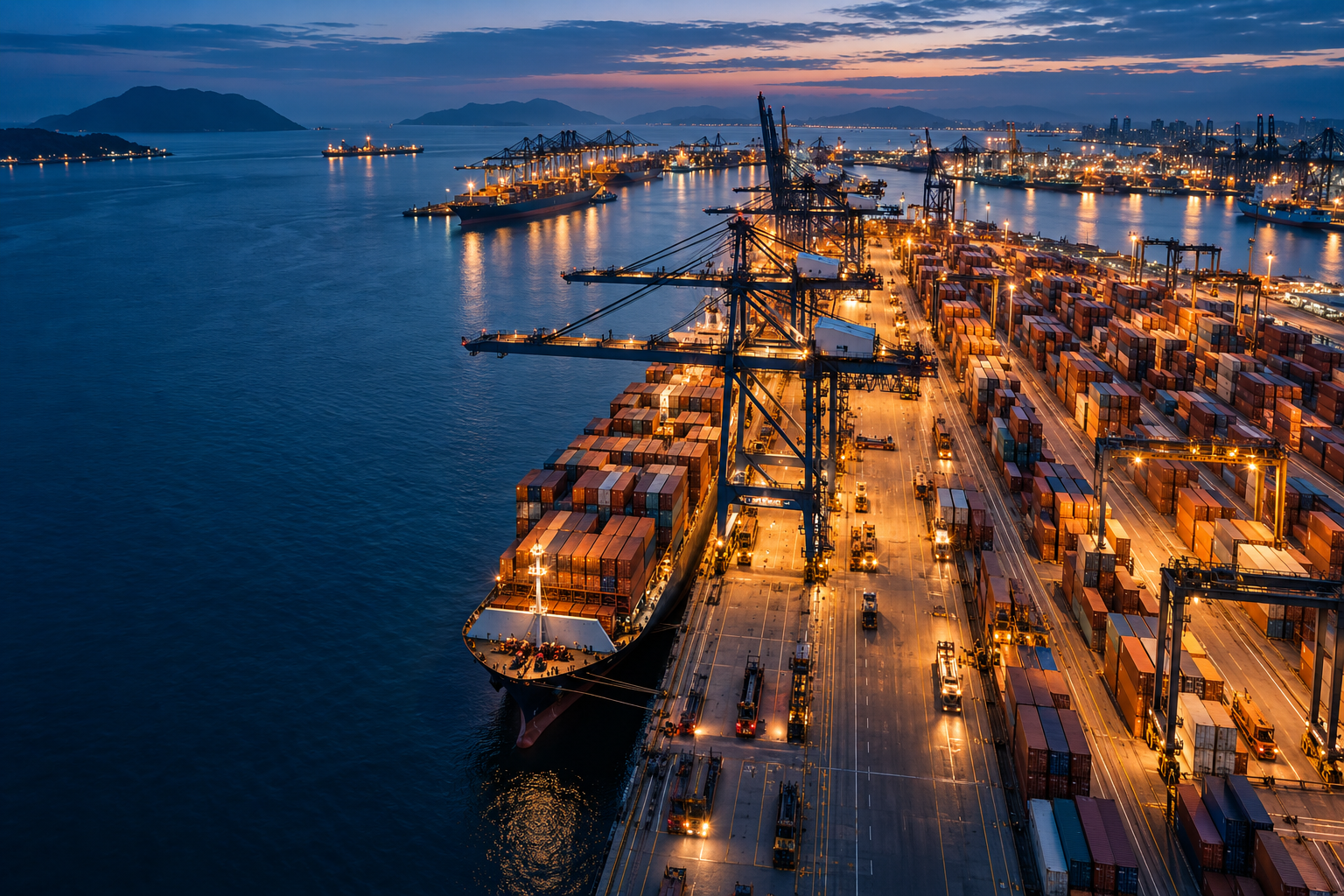 Aerial view of shipping containers and cargo vessels at a port